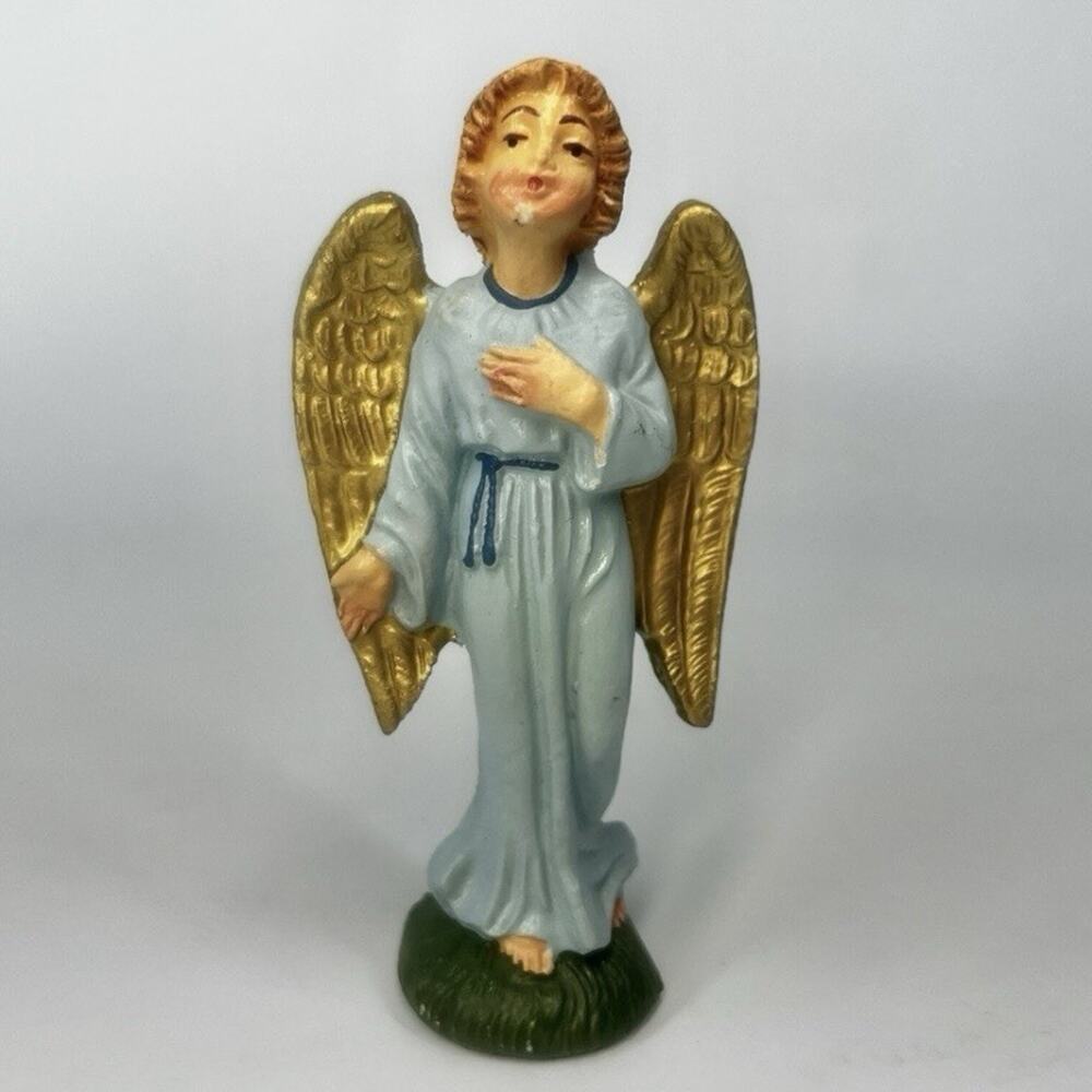 Vintage Fontanini Blue Angel Figurine Statue Gold Wings Nativity 3.75” Italy